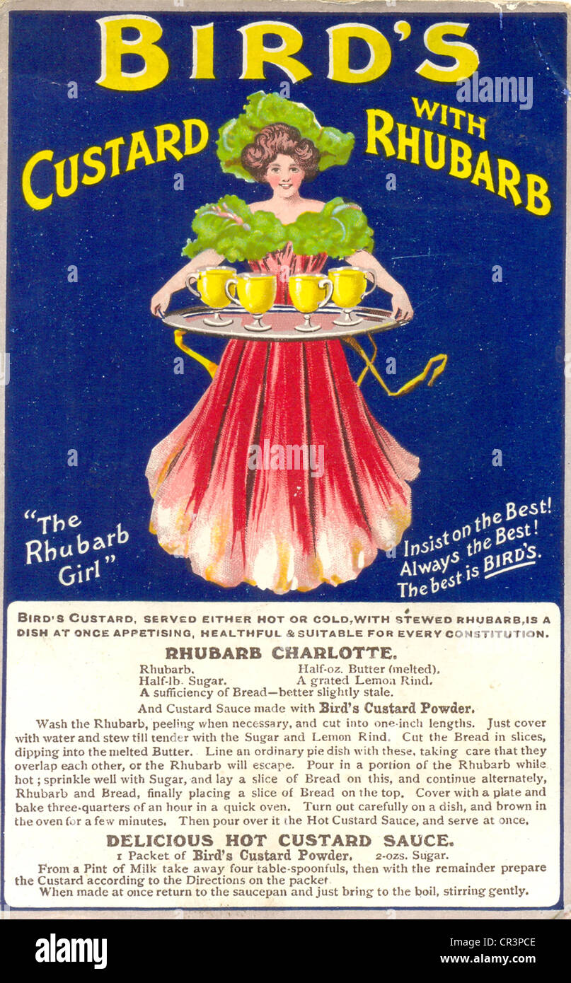 Cartolina pubblicitaria per il Custode degli Uccelli con Rhubarb illustrata dalla ragazza di Rhubarb circa 1906 Foto Stock