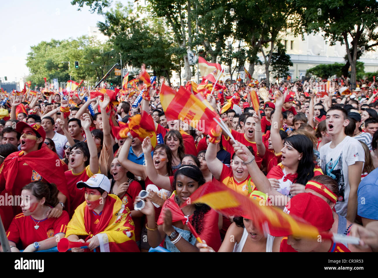 I tifosi spagnoli la visualizzazione della partita finale, la finale della Coppa del Mondo FIFA 2010, Madrid, Spagna, Europa Foto Stock
