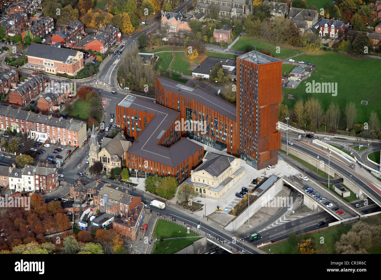 Vista aerea del luogo di radiodiffusione, Leeds Metropolitan University LMU Foto Stock