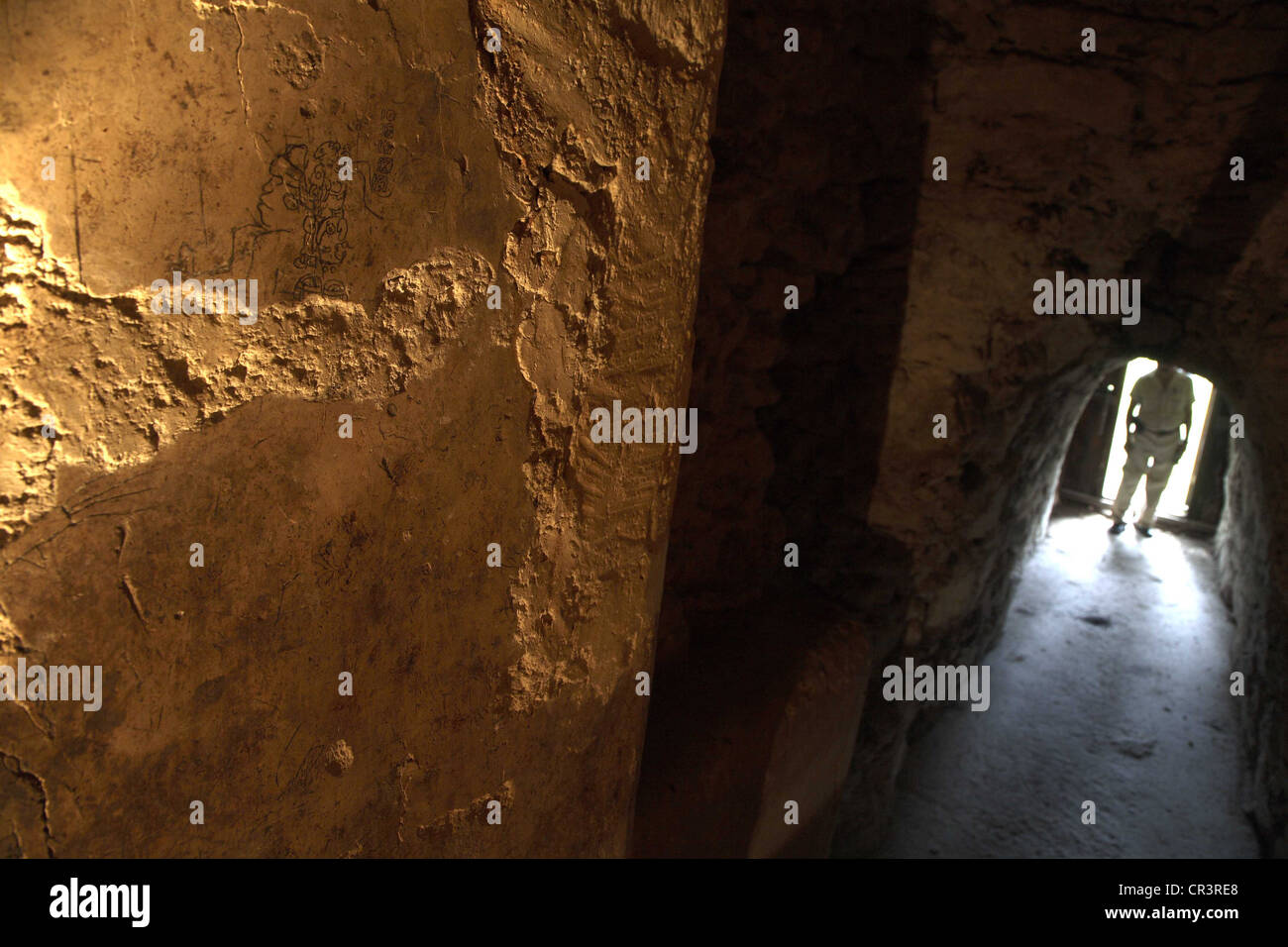 Estuco disegni da inizio periodo classico, Acanaladuras Palace, il Parco Nazionale di Tikal, Peten Reparto, Guatemala Foto Stock