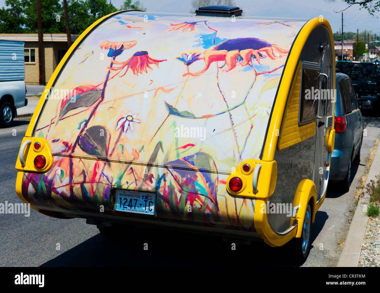 Illustrazione murale dipinto a mano su un piccolo veicolo per attività ricreative camper rimorchio Foto Stock