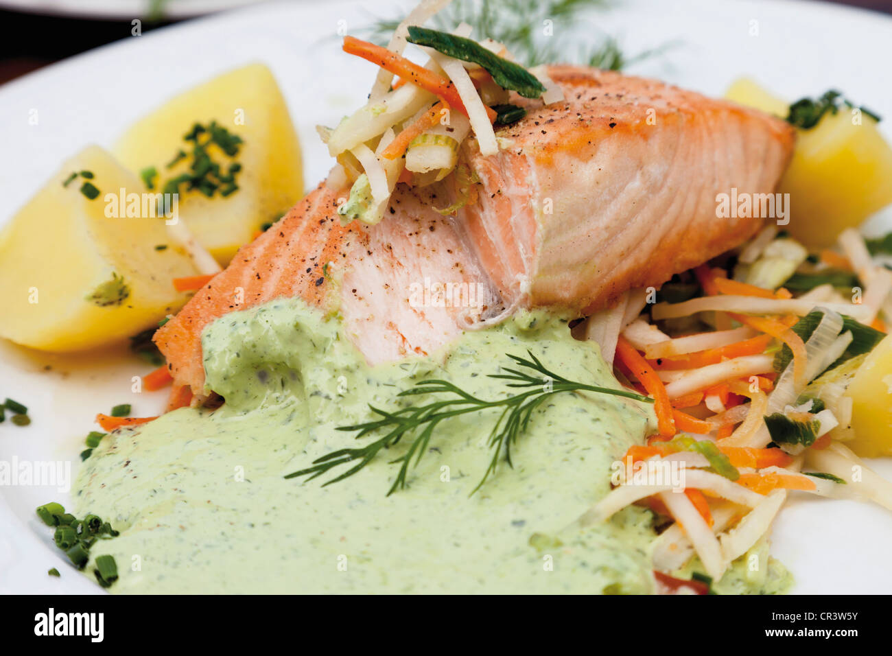 Salmone con julienne di verdure, patate sale di Francoforte e salsa verde Foto Stock