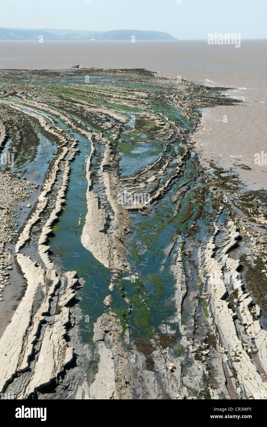 Spiaggia di Kilve con bassa marea che mostra stratificazione della formazione rocciosa. Formazione rocciosa stratificata. Kilve, Somerset Inghilterra 29 maggio 2012. HOMER SYKES Foto Stock