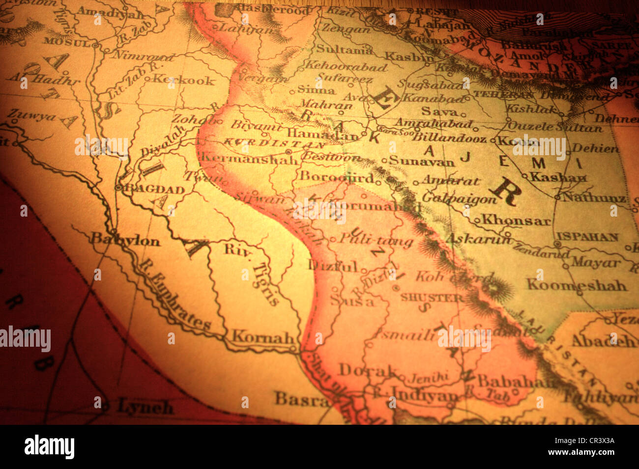 Mappa vecchia di Iraq e Iran confine. Mappa è dal 1855 e al di fuori del diritto d'autore. Foto Stock