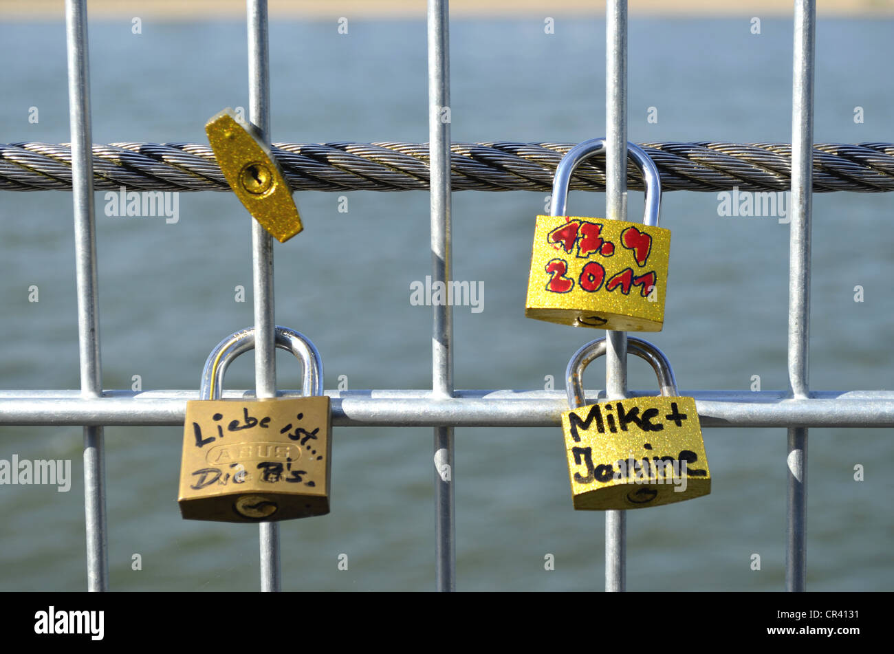 Lucchetti con le date e i nomi su una recinzione metallica, Reno, Dusseldorf, Renania settentrionale-Vestfalia, Germania, Europa Foto Stock