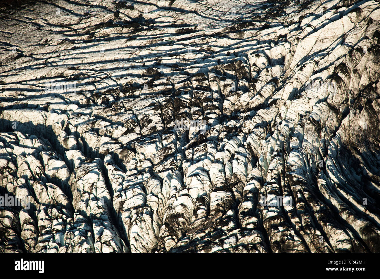 Vista aerea, lingua del ghiacciaio, Vulcano Eyjafjallajoekull, altopiani, Islanda, Europa Foto Stock