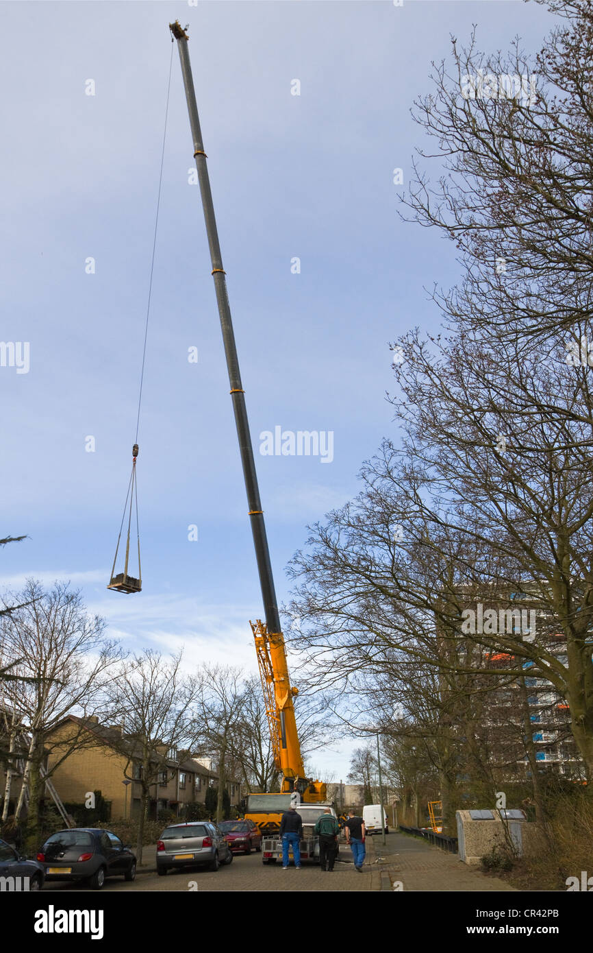 Grande gru è la rimozione del vecchio- e la collocazione di nuovi e più grandi dormer-finestre o lucernari sul tetto di una casa. Foto Stock
