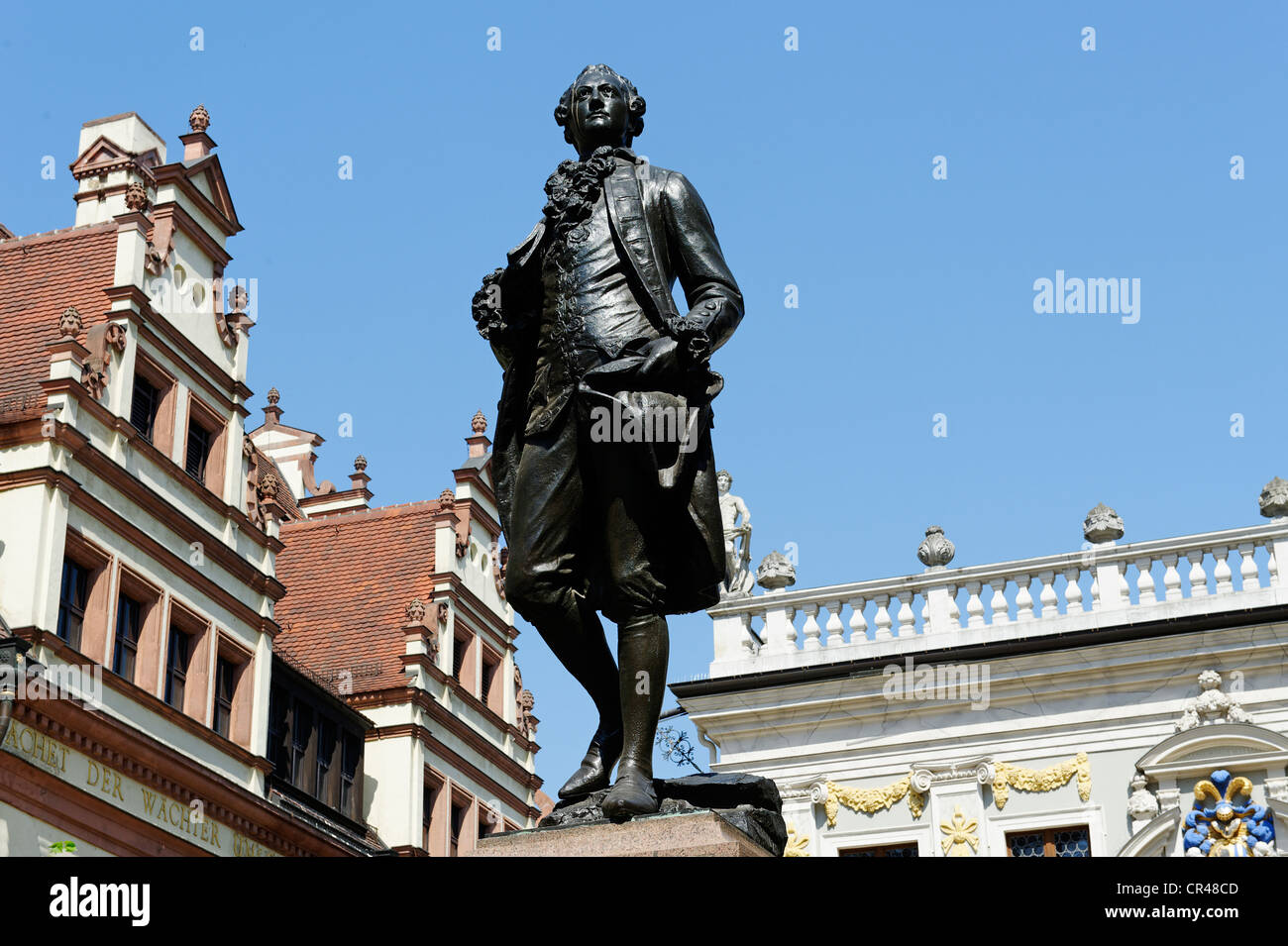 Statua di Johann Wolfgang von Goethe a Naschmarkt square, Lipsia, Sassonia, Germania, Europa Foto Stock