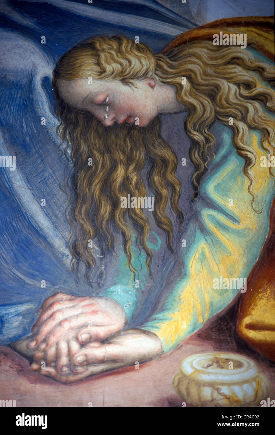 Maria Maddalena ungere i piedi di Gesù, la festa di Simon fariseo, affresco del 1450, dettaglio San Sigismondo, Cremona, Lombardia Foto Stock