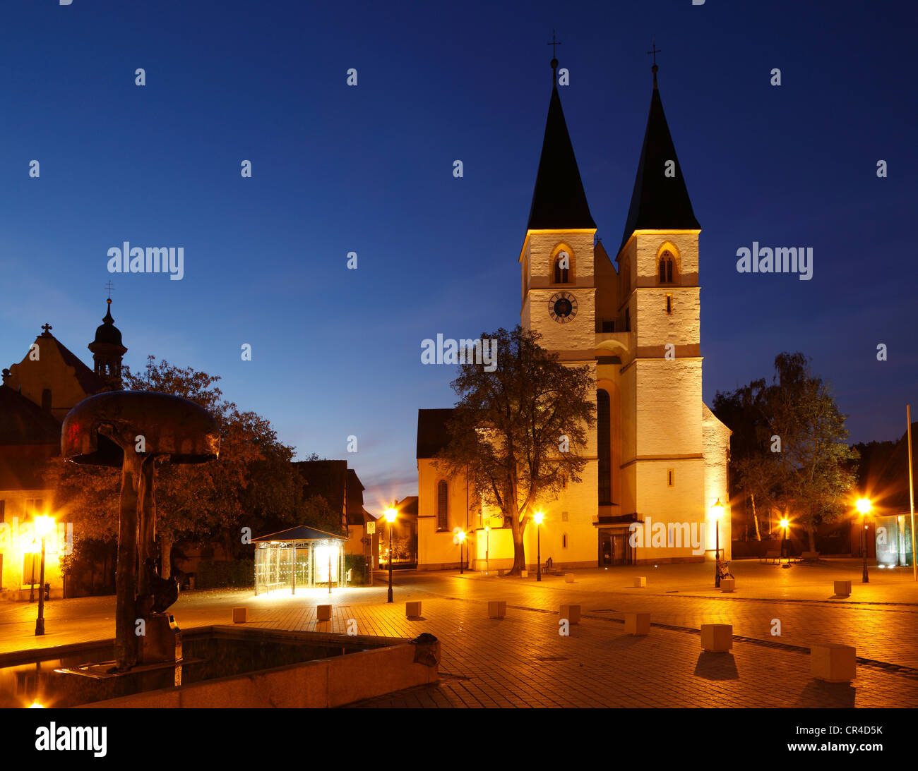 Stiftskirche di San Vito e San Deocar, chiesa collegiata e Deocar fontana di notte, markt square, Herrieden Foto Stock