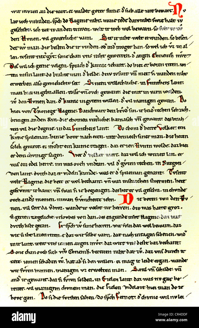 Nibelungenlied (la canzone del Nibelungs), script C, Hohenems-Lassberg, inizio 13. Secolo, Badische Landesbibliothek Foto Stock