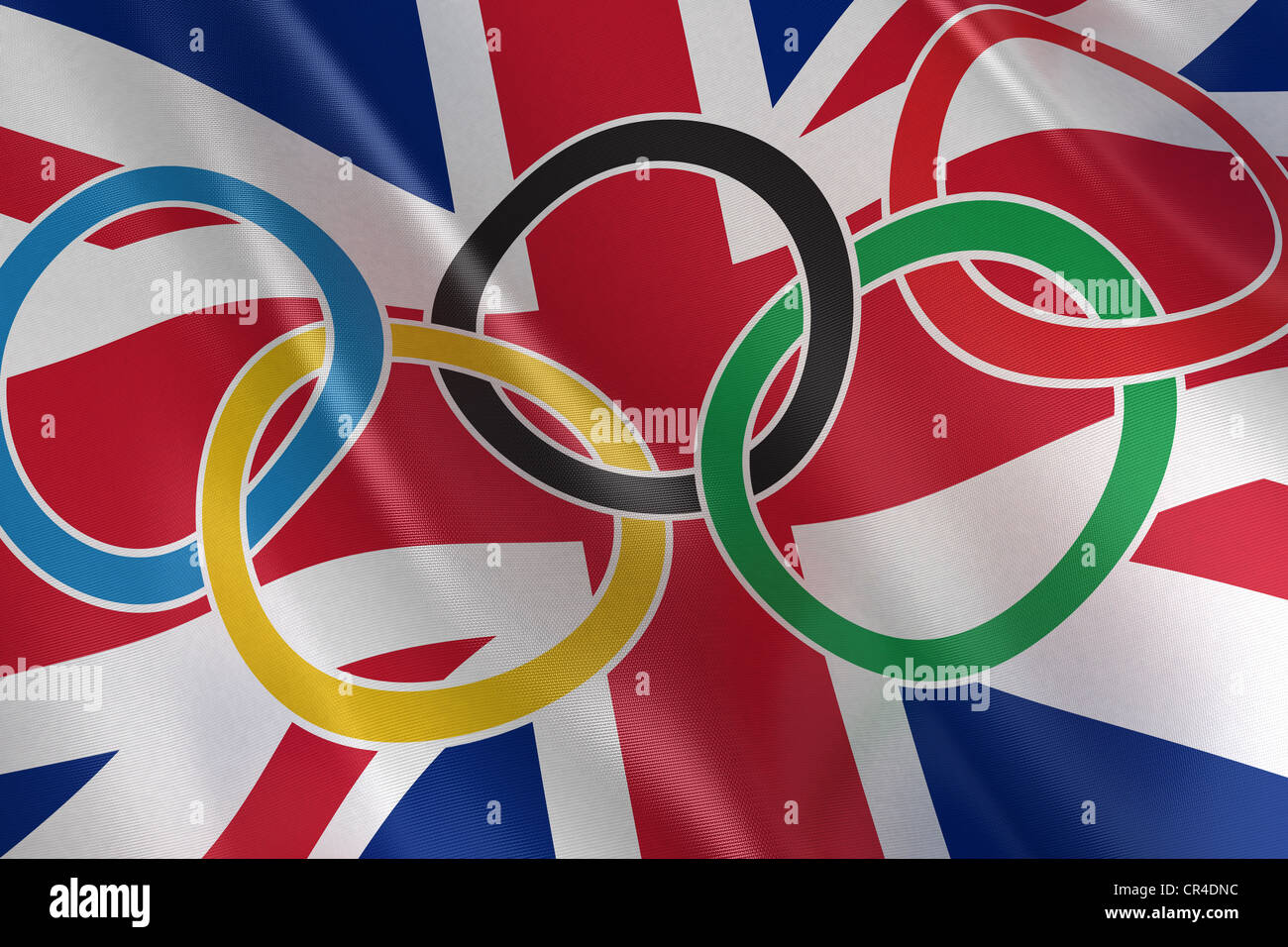Bandiera del Regno Unito con anelli olimpici Foto Stock
