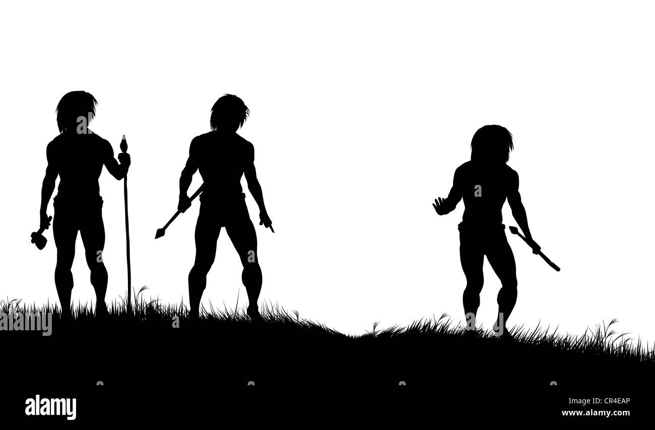 Illustrato sagome di tre cacciatori cavemen con lance monitoraggio degli animali Foto Stock