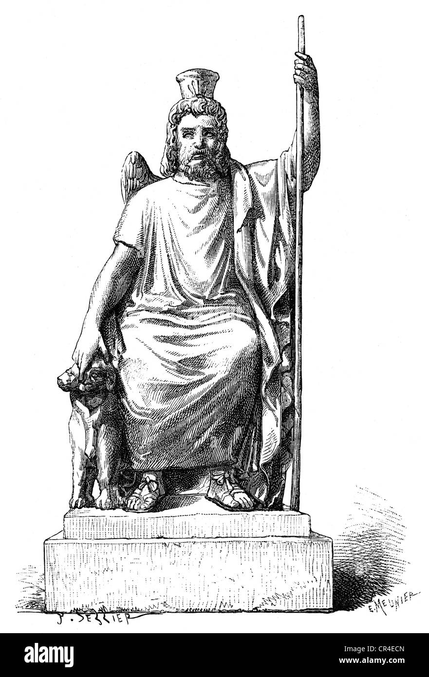 Plutone (pluton), Dio greco della ricchezza, del mondo sotterraneo, statua, basata su disegno di Meunier basato su antica statua, incisione in legno di Sessier, 19th secolo, Foto Stock