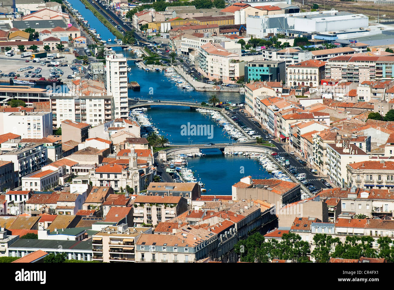 Francia, Herault, Sete, Pont de Pierre e Pont des Setois vista dal panorama di Mont Saint Clair Foto Stock