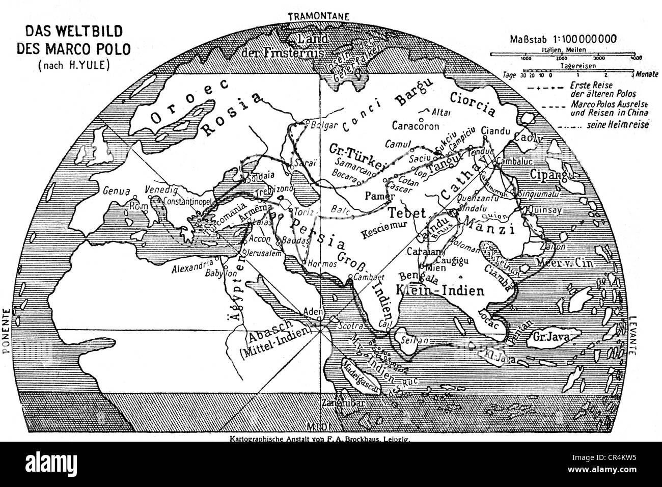 Polo, Marco, 1254 - 8.1.1324, commerciante veneziano, viaggiatore, percorso di viaggio di Marco Polo, mappa del mondo contemporaneo, Foto Stock