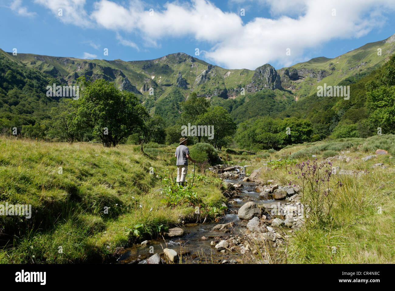 Escursionista nella valle di Chaudefour riserva naturale, Parc Naturel Regional des Volcans d'Auvergne, Auvergne vulcani natura regionale Foto Stock