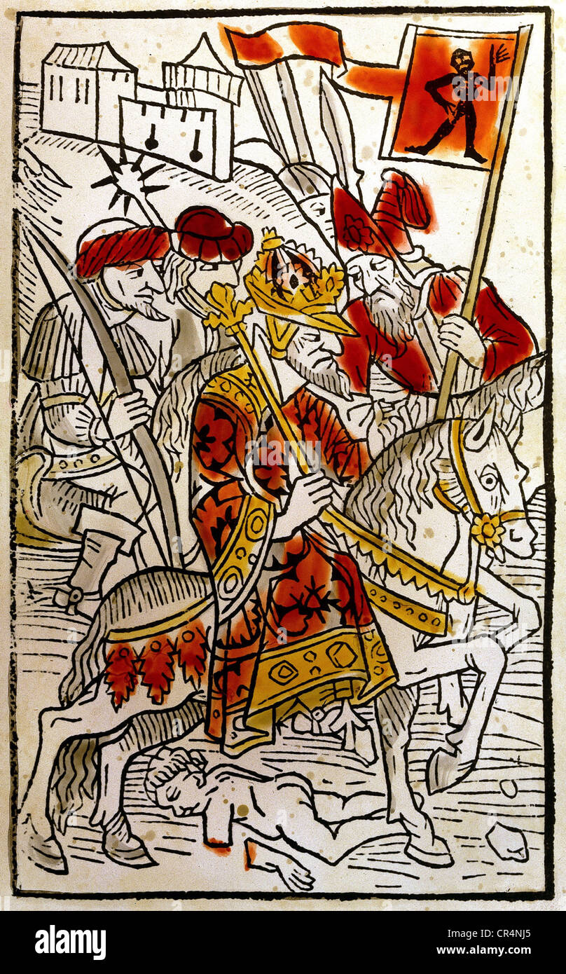 Mehmet II Faith, 30.3.1432 - 3.5.1481, Sultano dell'Impero Ottomano 3.2.1451 - 3.5.1481, a tutta lunghezza, capo dei guerrieri, taglio di legno da 'Turcorum tractatus', Strassbourg, 1483, stampato da Heinrich Knobolchtzer, Foto Stock