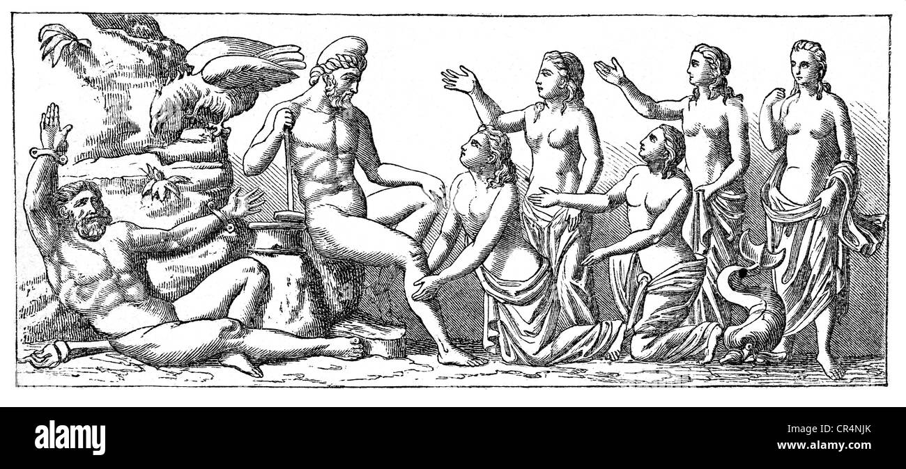Prometheus, eroe mitologico greco, forgiato su una roccia, un'aquila sta mangiando il suo fegato, Foto Stock