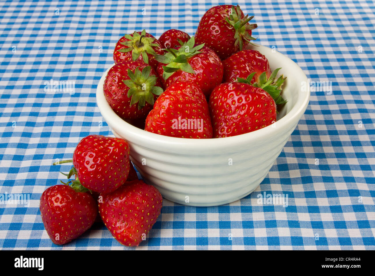 Una ciotola di fragole mature su un blu tovaglia gingham Foto Stock