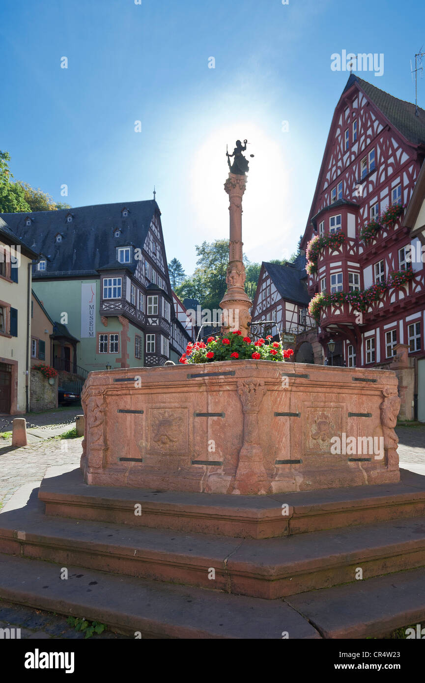 Fontana del paese sulla piazza del mercato, Miltenberg, bassa Franconia, Franconia, Baviera, Germania, Europa Foto Stock