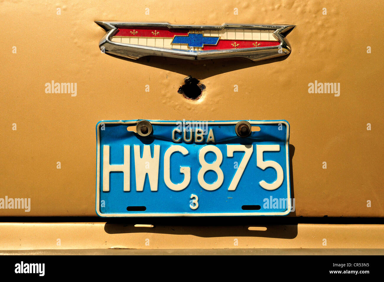 Targa di un'auto d'epoca, città vecchia Habana Vieja, Havana, Cuba, Caraibi Foto Stock