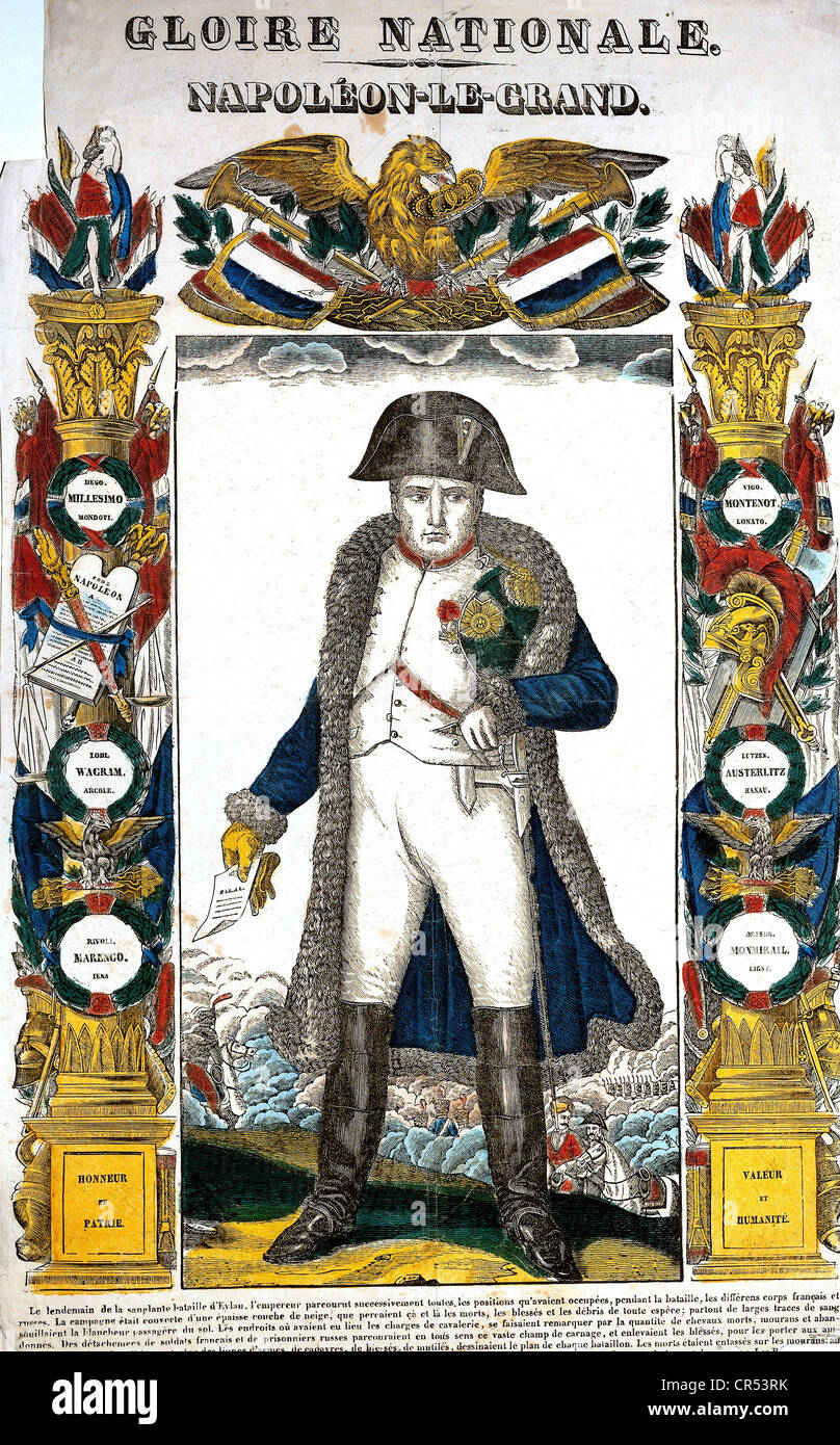 Napoleone i, 15.8.1769 - 5.5.1821, Imperatore dei francesi 1804 - 1815, lunghezza intera, foglio di foto, incisione in legno colorato, stampato da Dembour e, Foto Stock