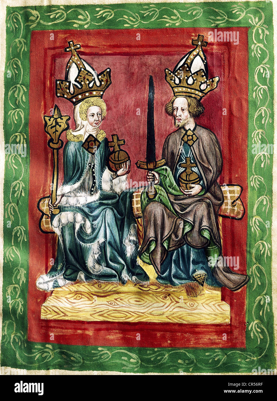 Carlo IV, 14.5.1316 - 19.11.1378, Sacro Romano Imperatore 1355 - 1378, a mezza lunghezza, con sua moglie, in miniatura, 'Kaiserbildhandschrift', seconda metà del 14th secolo, Bavarian state Archive, Monaco di Baviera, Foto Stock