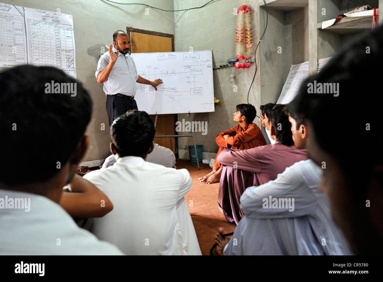 Lavoratore di sviluppo della formazione del personale locale, Soccorso alluvione in Pakistan, Muzaffaragarh Punjab, Pakistan, Asia Foto Stock