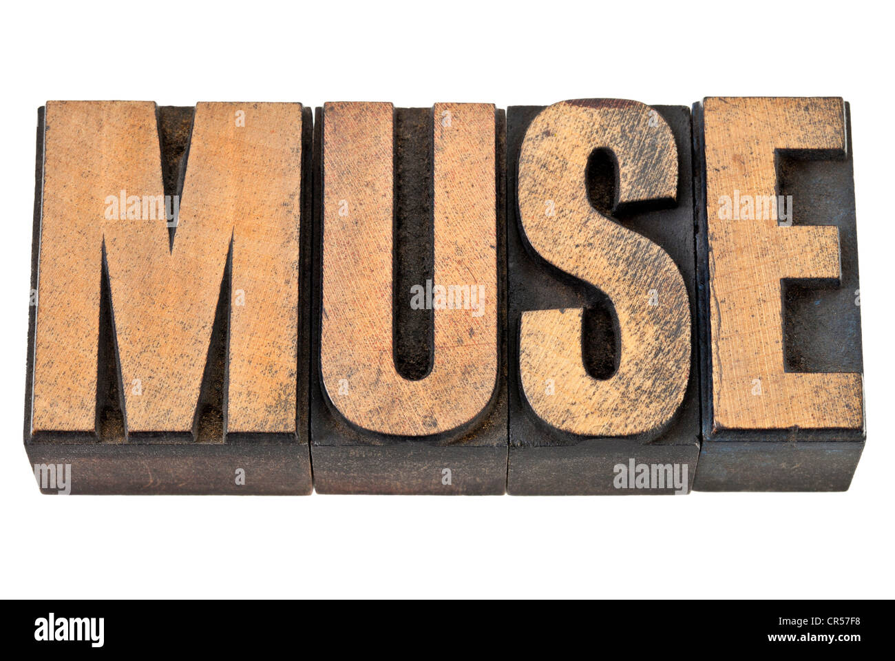 Muse - arte e ispirazione concetto - testo isolato in rilievografia vintage tipo legno Foto Stock