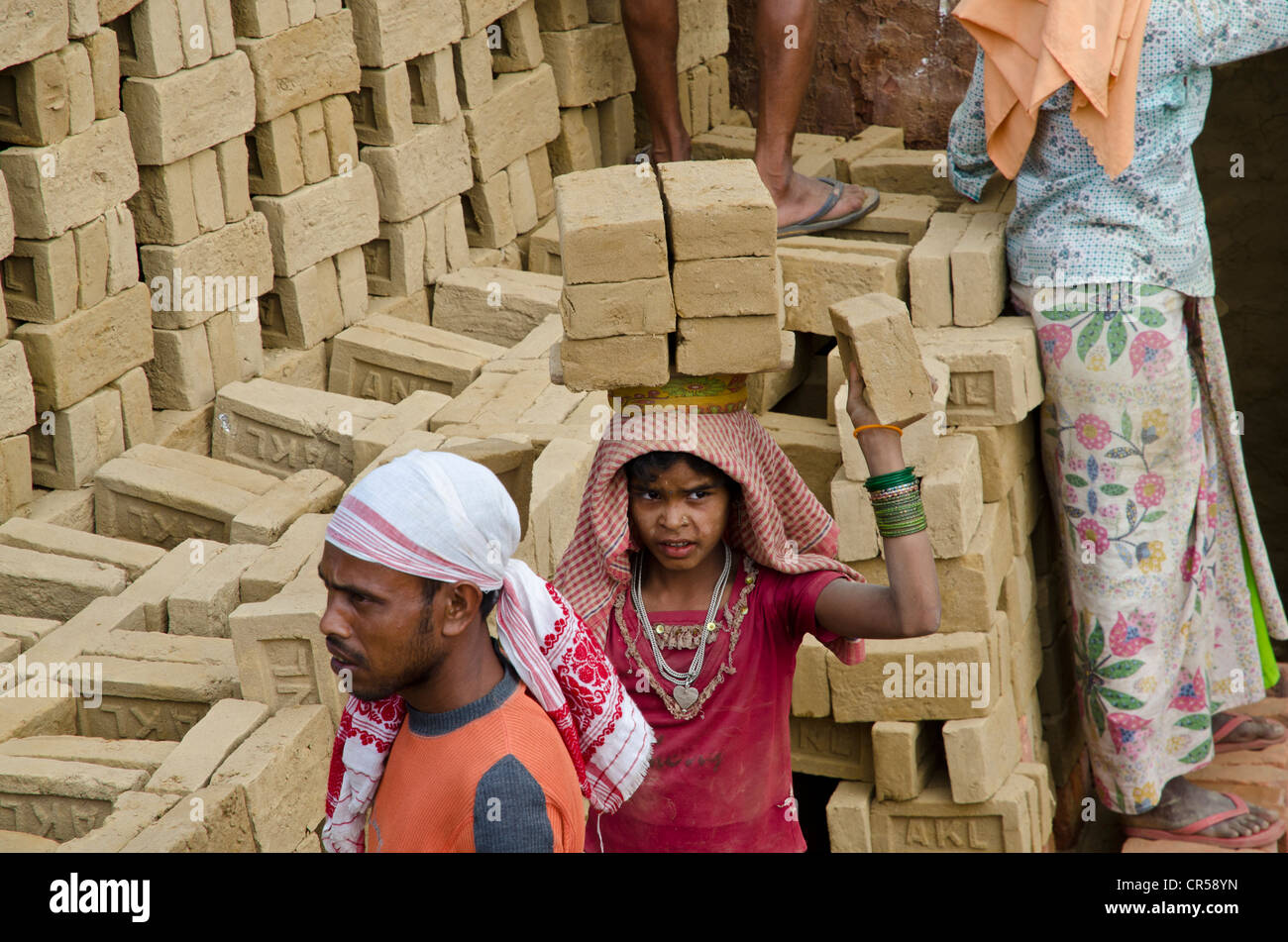 Fabbrica di mattoni dove il lavoro pesante è svolta principalmente da donne e bambini, Jorhat area, Assam, India, Asia Foto Stock
