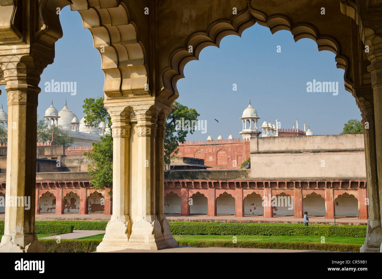 Agra Fort, patrimonio mondiale dell UNESCO, Moti Mahal in distanza, di Agra, Uttar Pradesh, India, Asia Foto Stock