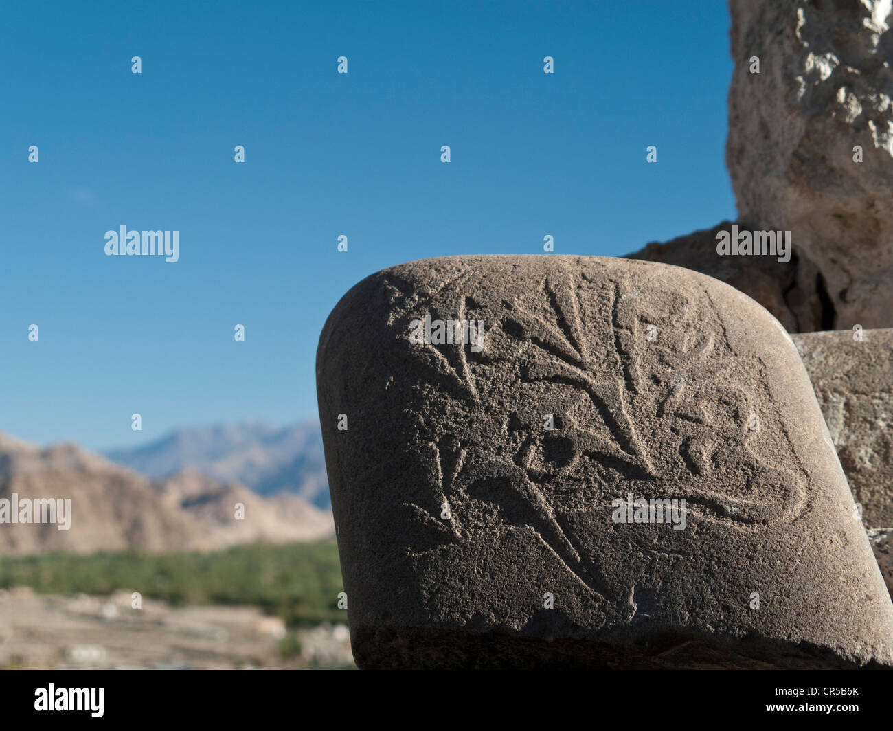 Mani di pietra con scolpito un simbolo religioso, trovata nei pressi di Thiksey Gompa, Thiksey, Jammu e Kashmir, India, Asia Foto Stock
