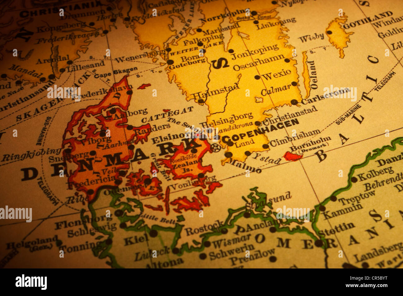 Mappa vecchia della Danimarca e della Svezia, il focus è sulla Danimarca. Mappa è dal 1894 ed è al di fuori del diritto d'autore. Foto Stock