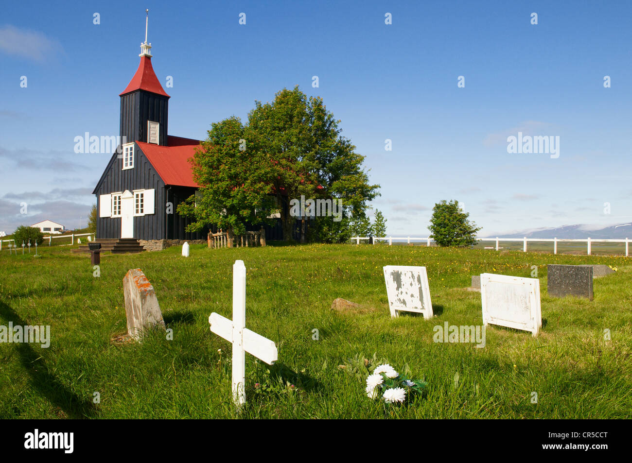 L'Islanda, Regione Sudurland, Kirkjubaer Chiesa Foto Stock