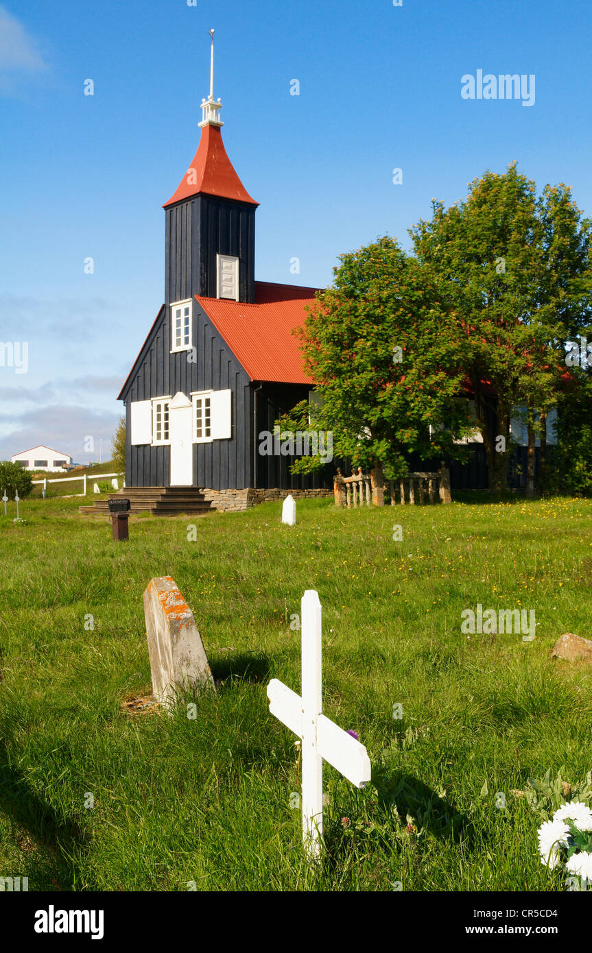 L'Islanda, Regione Sudurland, Kirkjubaer Chiesa Foto Stock