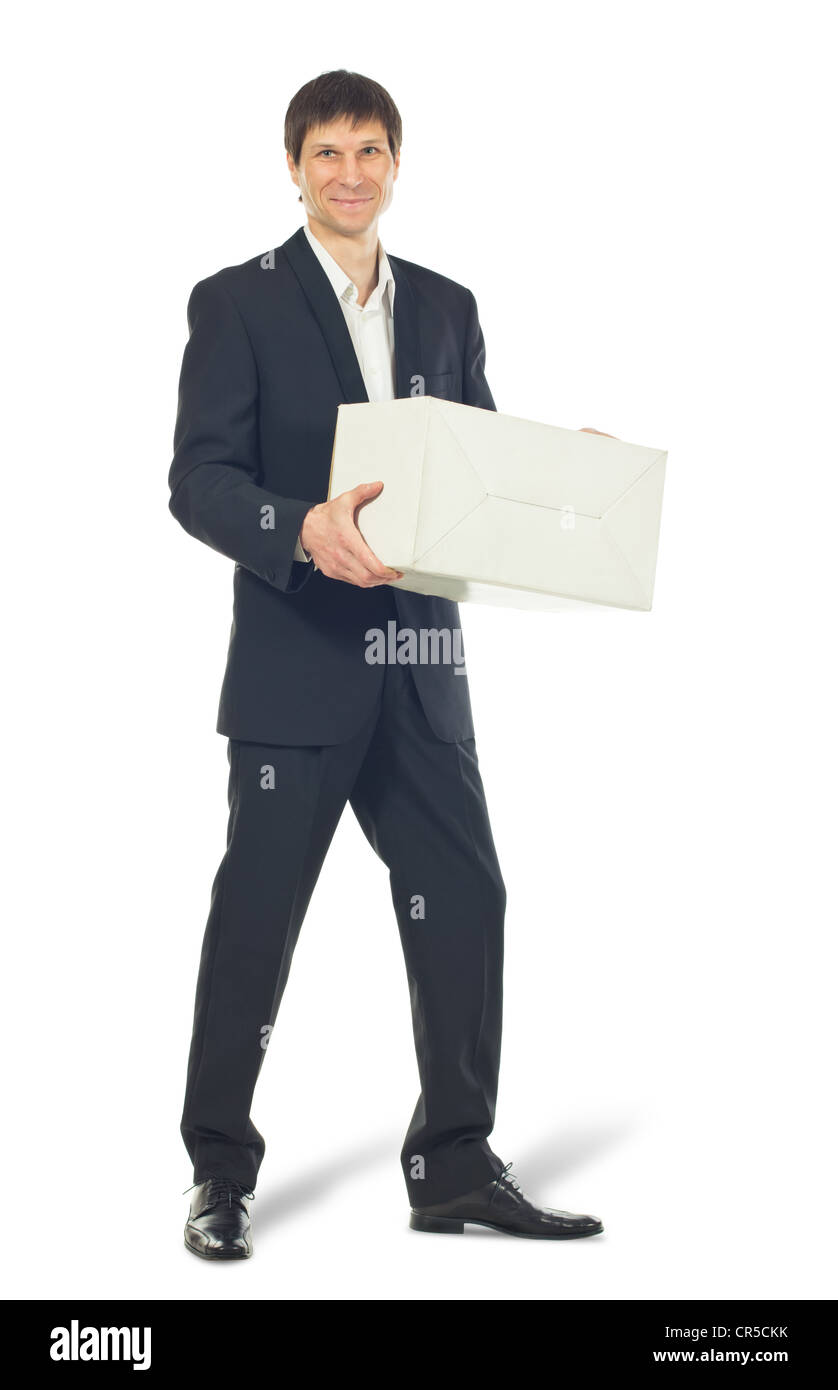 Un messaggero consegnati tramite corriere pacchi postali. Isolato su bianco Foto Stock