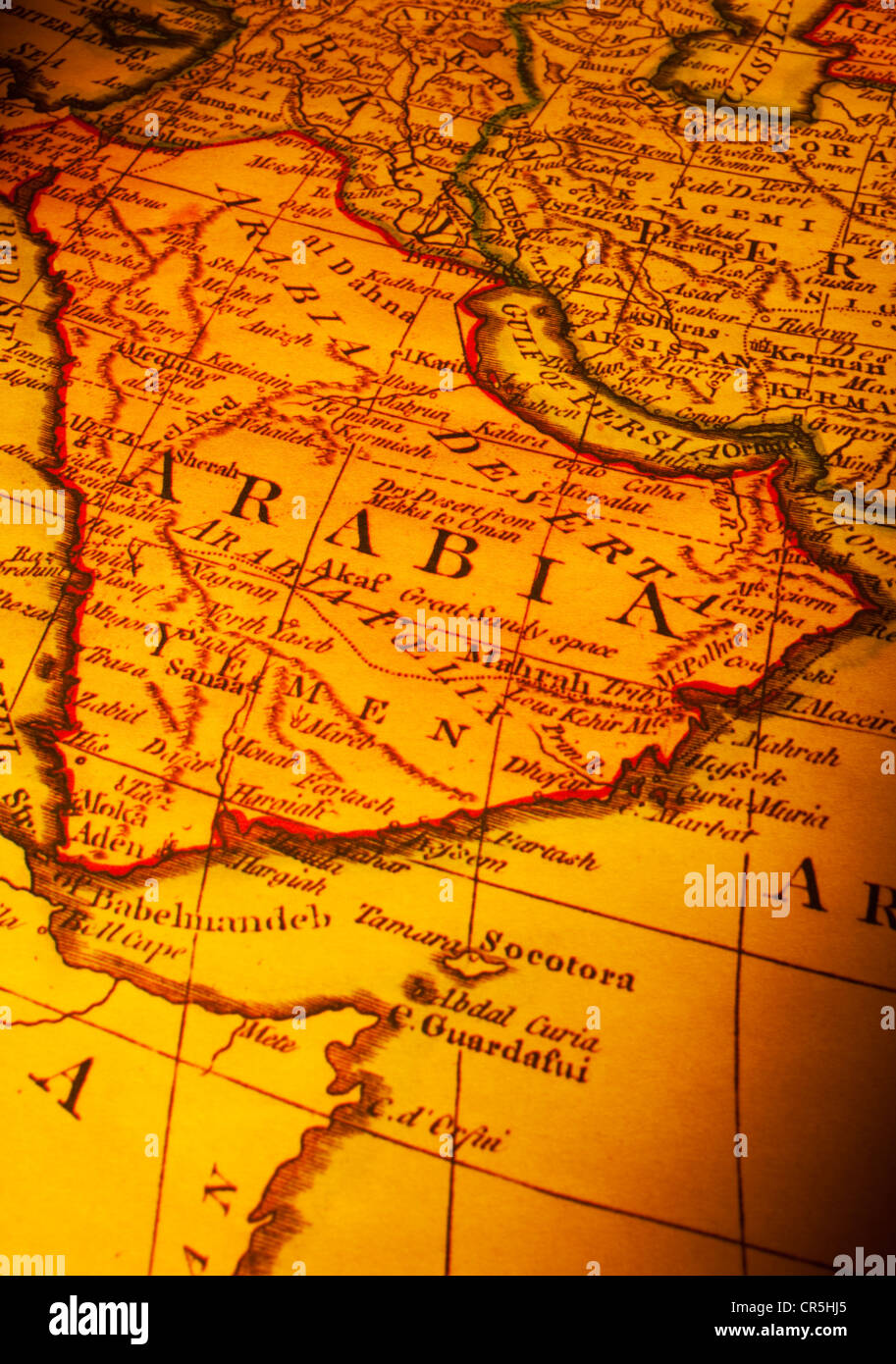 Antica mappa che mostra l'Arabia Saudita. La messa a fuoco è sulla parola saudita. Mappa è dal 1799 ed è al di fuori del diritto d'autore. Foto Stock