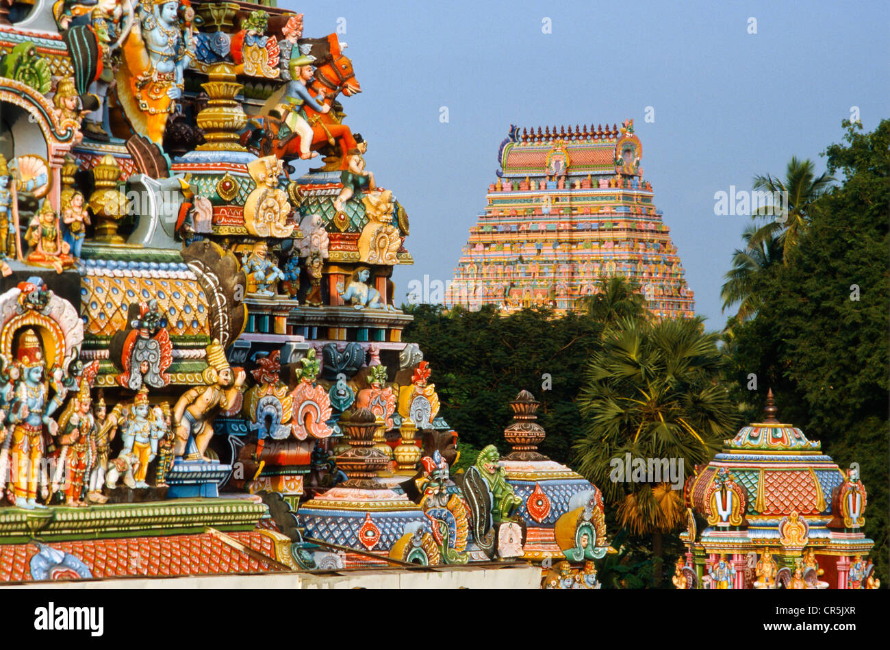 Templi Srirangam, esempio di antica architettura Drawidian, Tiruchirappalli, Tamil Nadu, India, Asia Foto Stock