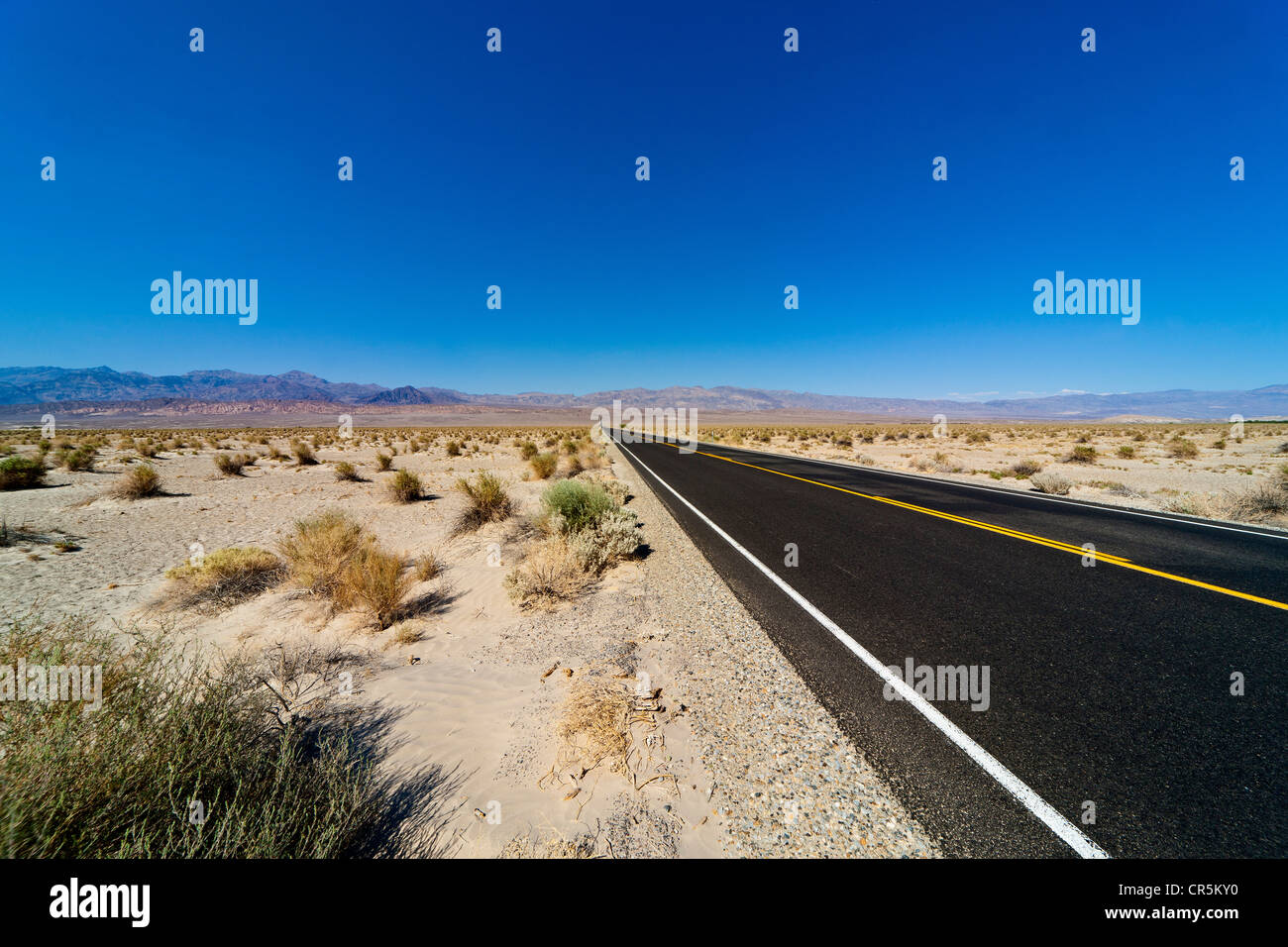 Lungo rettilineo di autostrada o di strada che si estende all'infinito, Death Valley, California, Stati Uniti d'America. JMH5361 Foto Stock