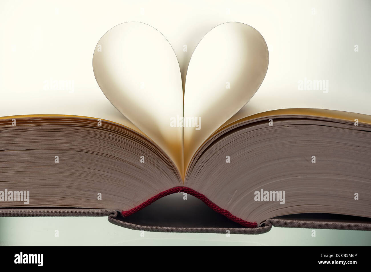 Libro aperto con a forma di cuore, curvo, pagine interne Foto Stock