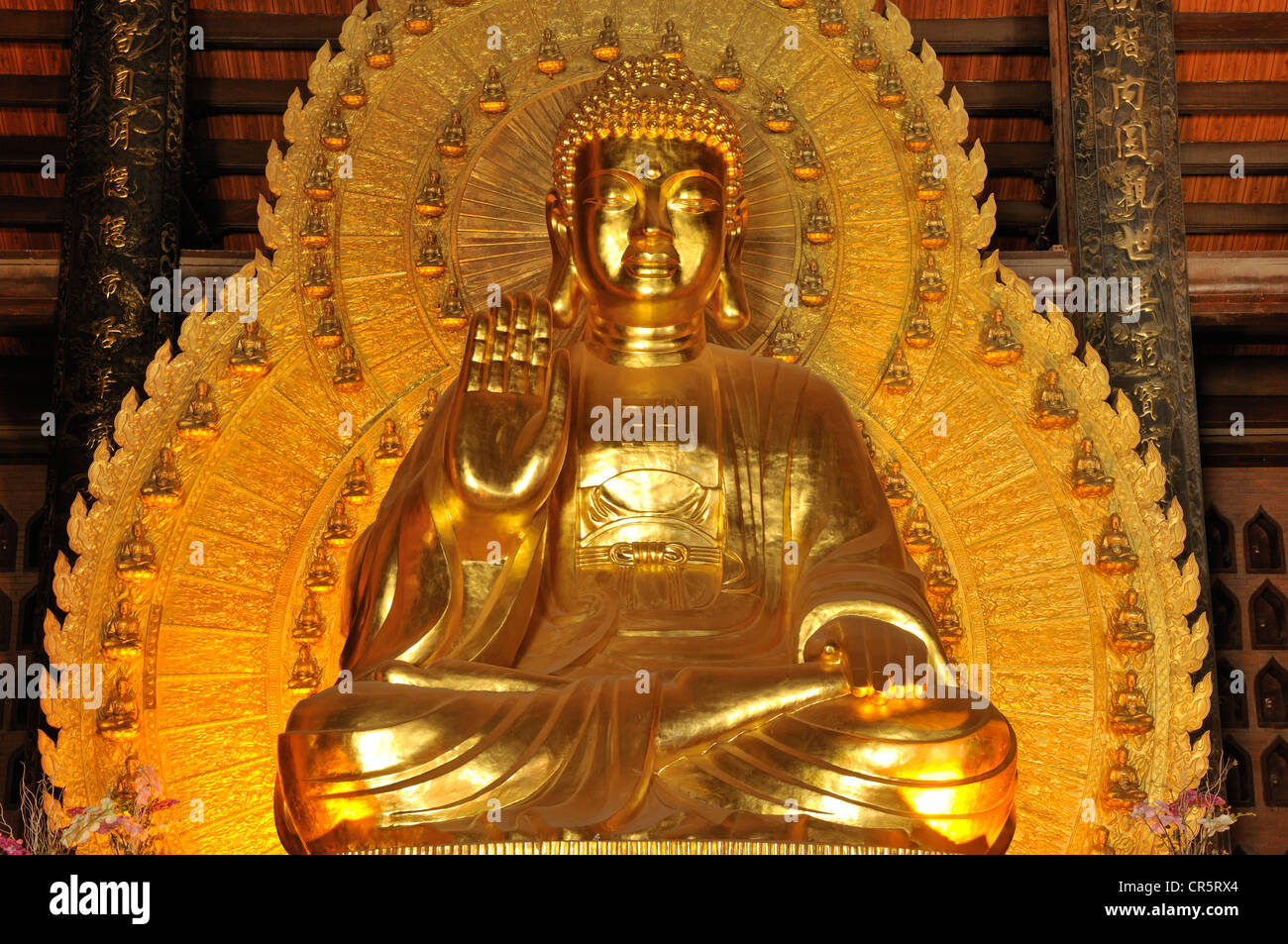 Placcato oro statua del Buddha, Pagoda Chua Bai Dinh, Ninh Binh, Vietnam, Asia sud-orientale, Asia Foto Stock
