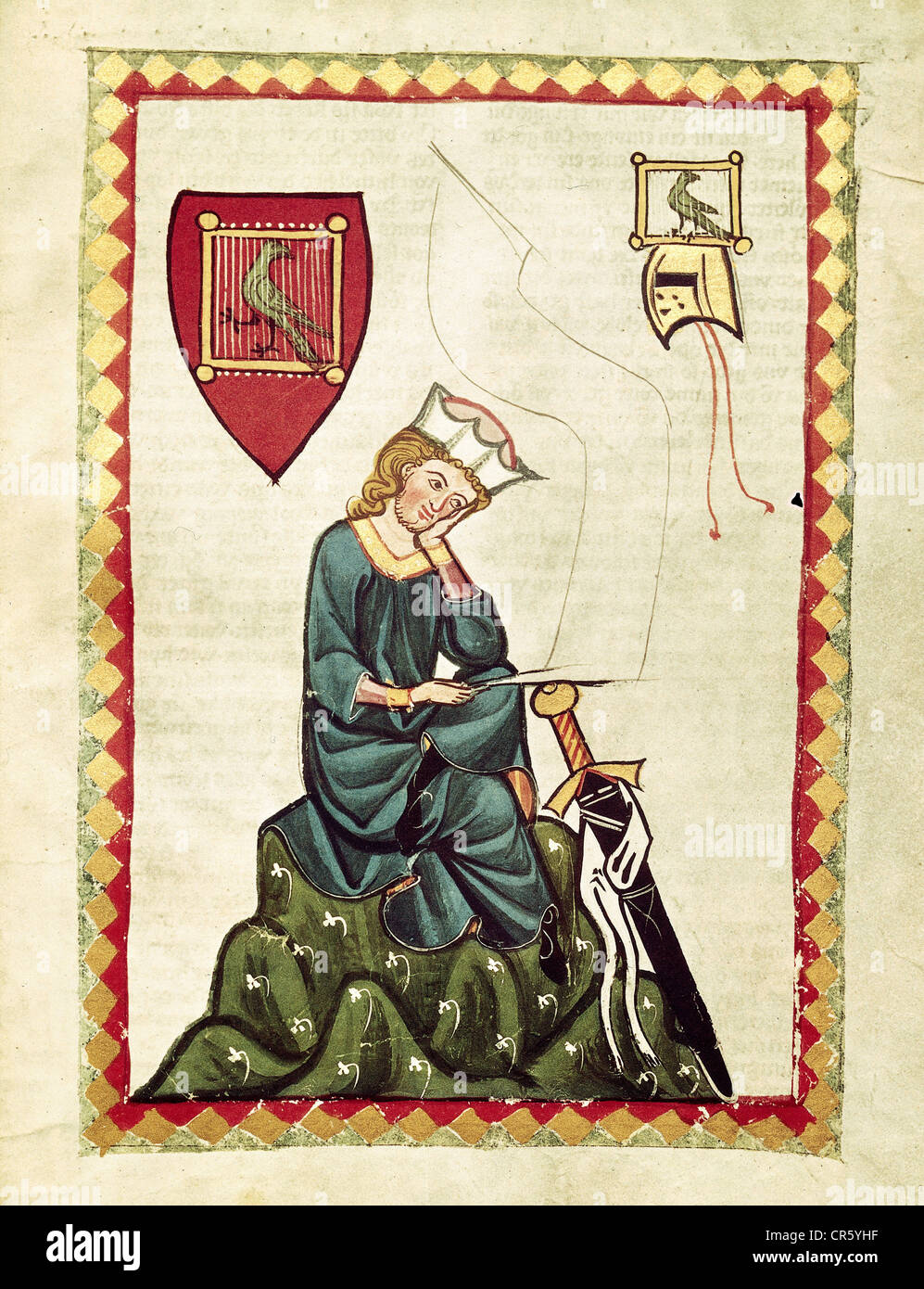 Walther von der Vogelweide, circa 1160 - circa 1230, minnesinger tedesco, poeta, mezza lunghezza, illuminazione, Codex Manesse, Zurigo 1305 - 1340, Biblioteca universitaria di Heidelberg, Foto Stock
