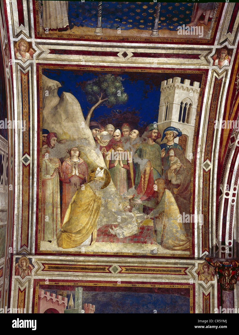 Martin of Tours, circa 316 d.C. - 8.11.397 d.C., santo, che ha risvegliato un bambino dalla morte alla vita, affresco di Simone Martini, circa 1321, chiesa inferiore, Cappella di San Martino, Basilica di San Francesco, Assisi, Italia, Foto Stock