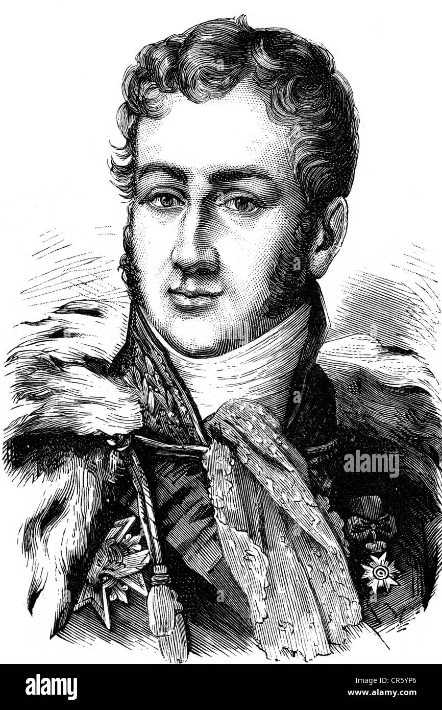 Polignac, Jules Auguste Armand Principe Di, 14.5.1780 - 29. 3.1847, politico francese, primo ministro e ministro degli Esteri 8.8.1829 - 29.7.1830, ritratto, adattato da litografia contemporanea, incisione in legno, 19th secolo, Foto Stock
