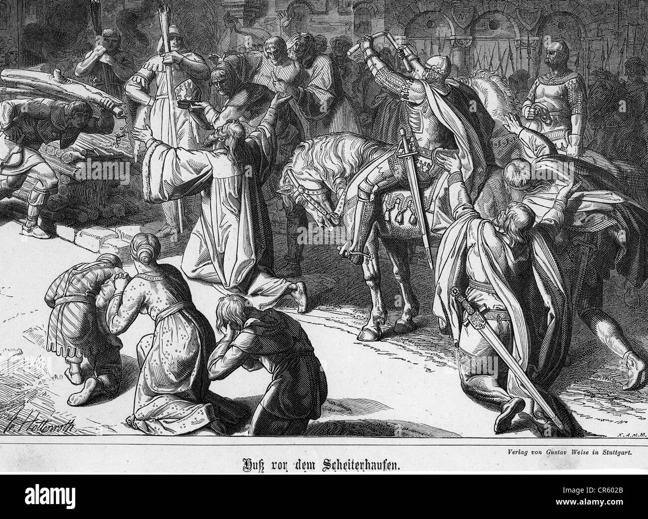 Hus, Johannes, circa 1370 - 6.7.1415, teologo ceco, reformer, la sua passeggiata al palo funerario, 19th secolo, Foto Stock