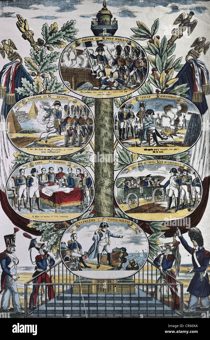 Napoleone I., 15.8.1769 - 5.5.1821, Imperatore dei francesi 2.12.1804 - 22.6.1815, vita, incisione in legno, Pellerin et Cie, Epinal, 1833, collezione privata, , Foto Stock