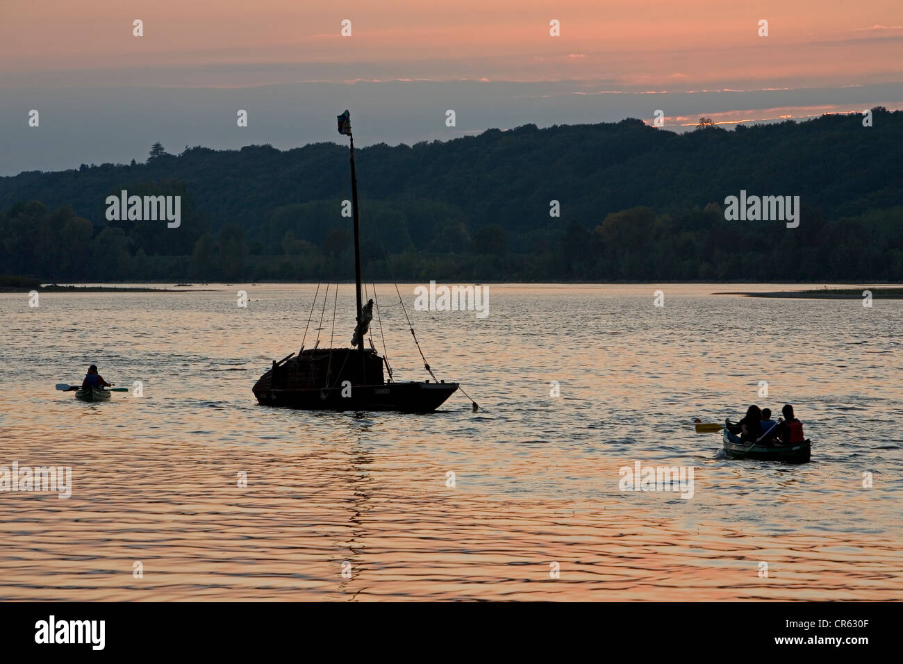 Francia, Indre et Loire, Valle della Loira Patrimonio Mondiale UNESCO, Brehemont, gabares (locali e barche tradizionali) e canoa sulla Loira Foto Stock