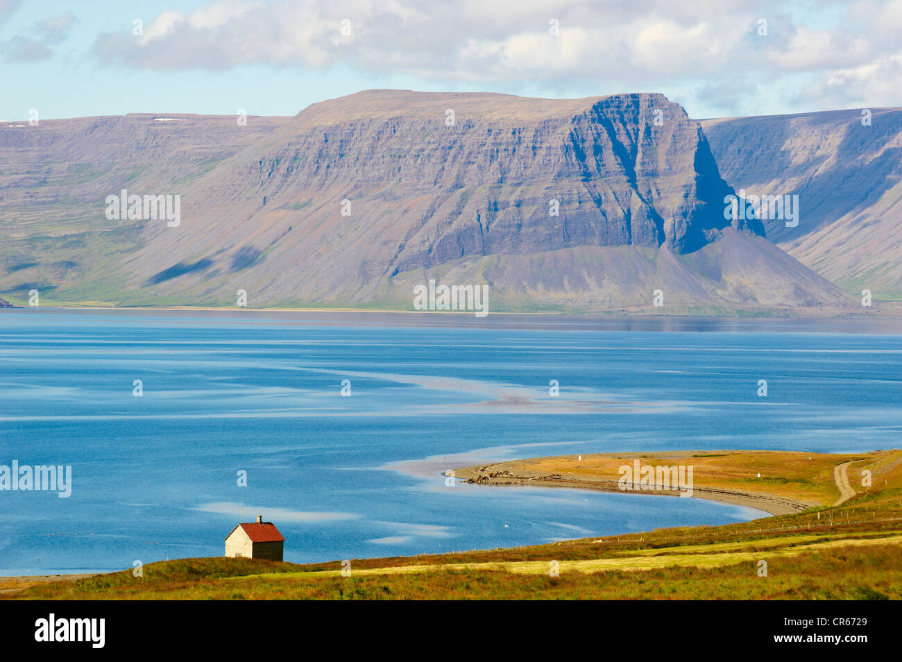 L'Islanda, Westfjords, Regione Vestfirdir, Arnarfjordur Fjord, islandese casa sul mare Foto Stock