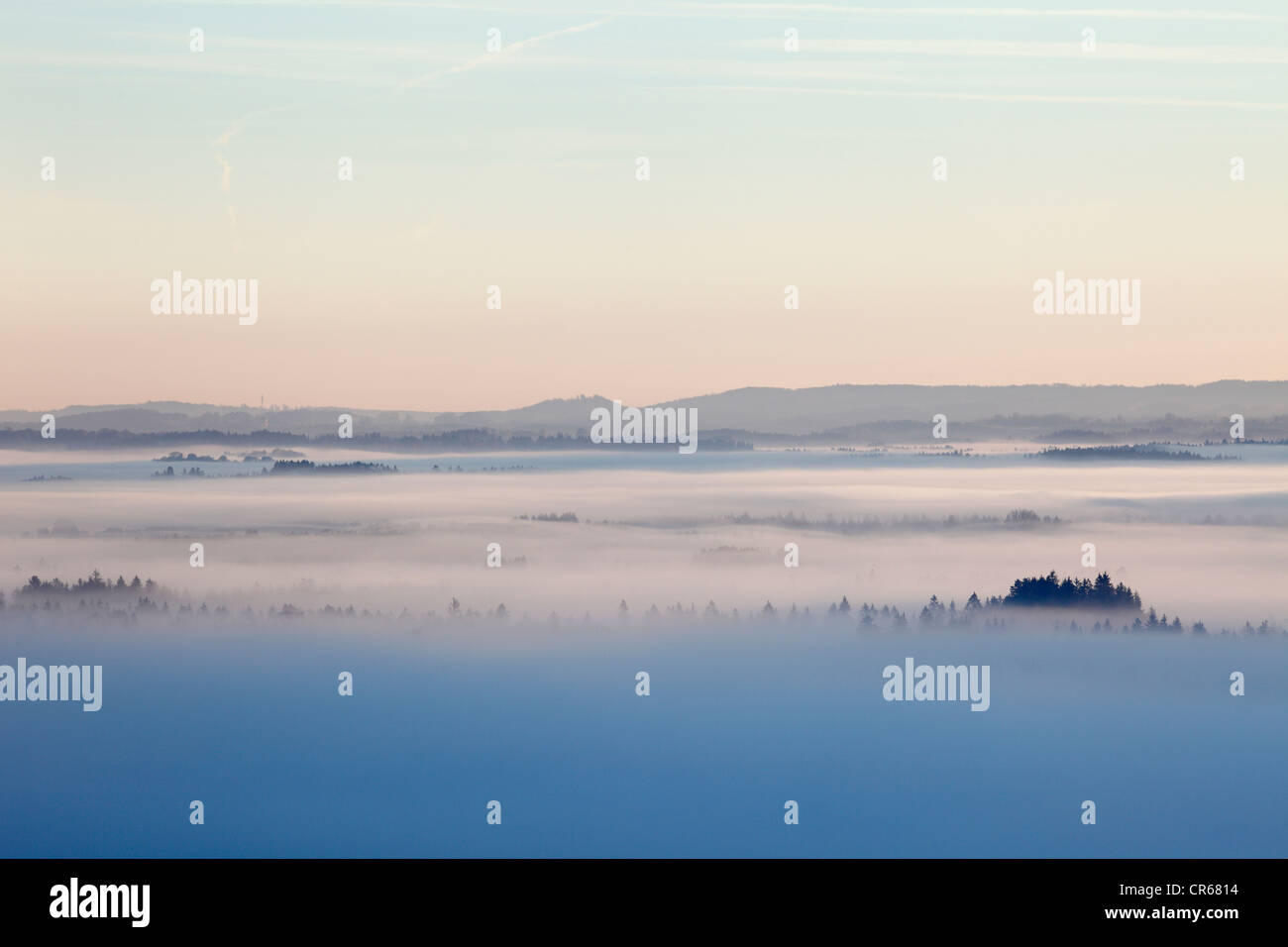 In Germania, in Baviera, Loisach Moor, la vista della montagna nella nebbia Foto Stock